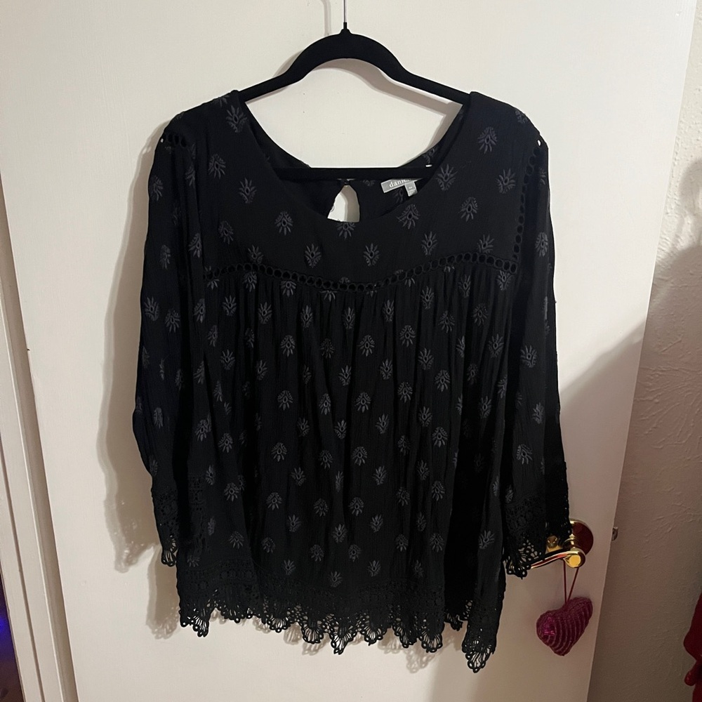 3X Daniel Rainn Black Crochet-Hem Embroidered Peasant Top - Picture 7 of 9